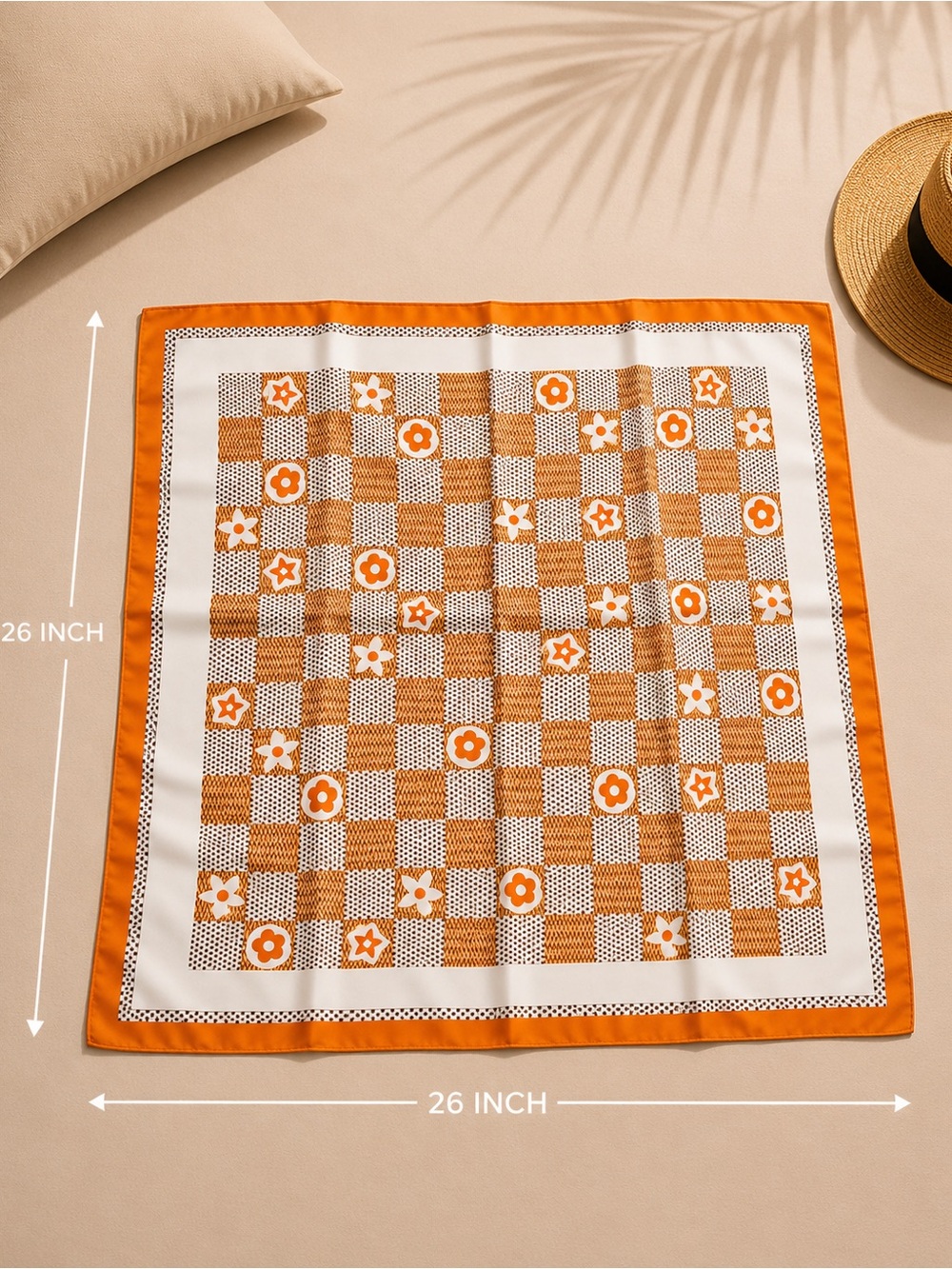 Orange & White Checker Floral Silk Scarf